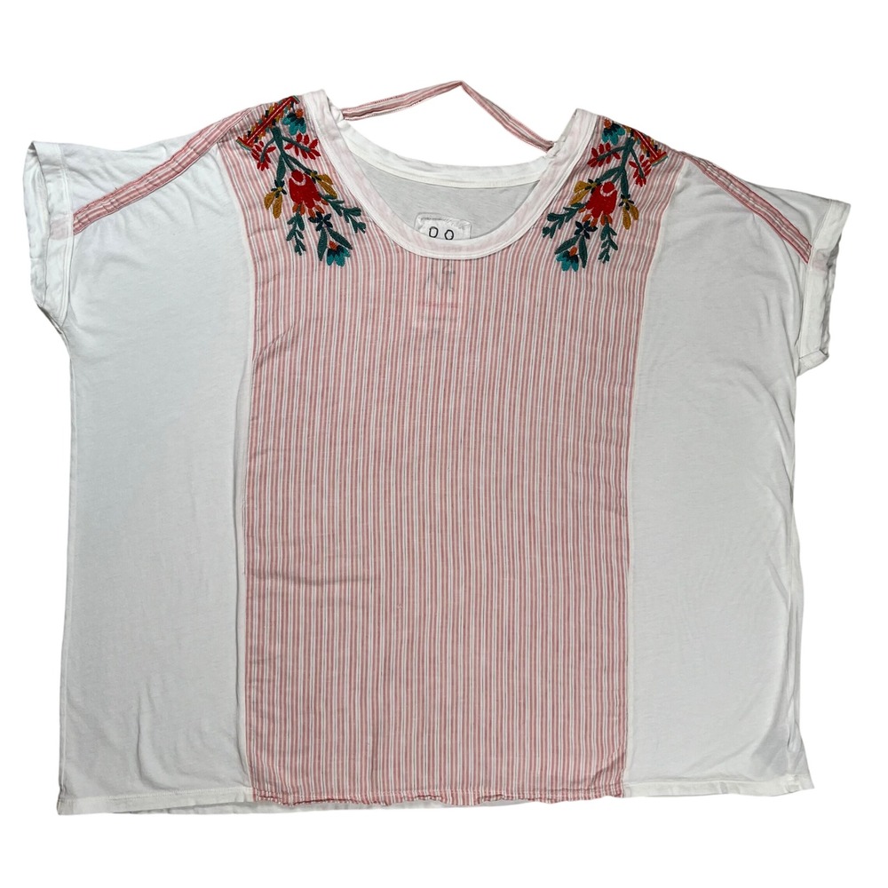 Johnny Was Embroidered Striped Mixed Media Top Womens Large White Pink Boho